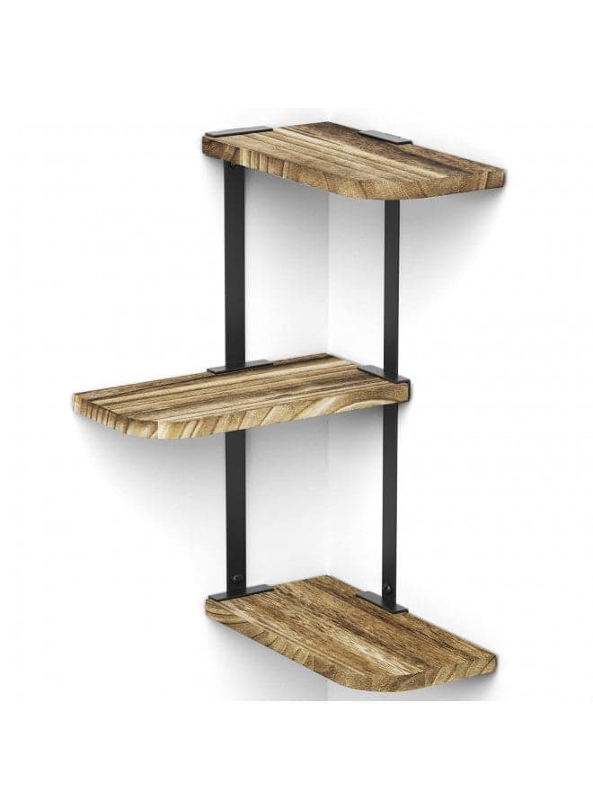 Love-KANKEI Corner Shelf Wall Mount of 3 Tier Rustic Wood Floating Shelves for Bedroom Living Room Bathroom Kitchen Office and More Carbonized Black