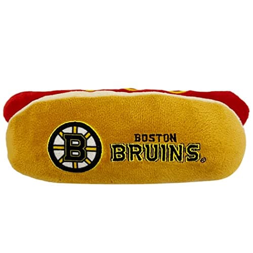 Pets First NHL Boston Bruins HOT Dog Plush Dog CAT Squeak Toy Cutest HOTDog Snack Plush Toy for Dogs Cats with Inner Squeaker Beautiful Hockey Team NameLogo 8 x 5 x 3 Inches