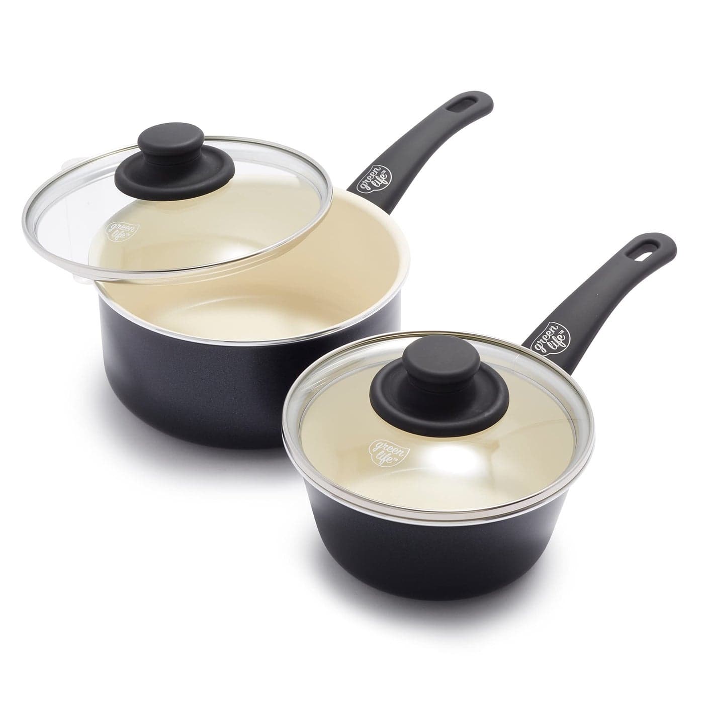 GreenLife Soft Grip Healthy Ceramic Nonstick 1QT and 2QT Saucepan Pot Set with Lids PFASFree Dishwasher Safe Black Cream