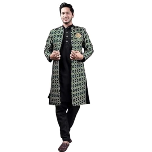 XEPON Stylish Ethnic Wear Stand Collar Full Sleeve Black Kurta Pajama with Long Jacket Set (Black Yellow, Small)