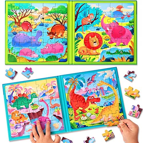 Magnetic Puzzles for Kids Ages 35 TwoBook Set Dinosaur Animal Jigsaw Puzzle Magnet Books Travel Games Montessori Preschool Learning Activities Toddler Toys for 3 4 5 6 Year Old Boys Girls