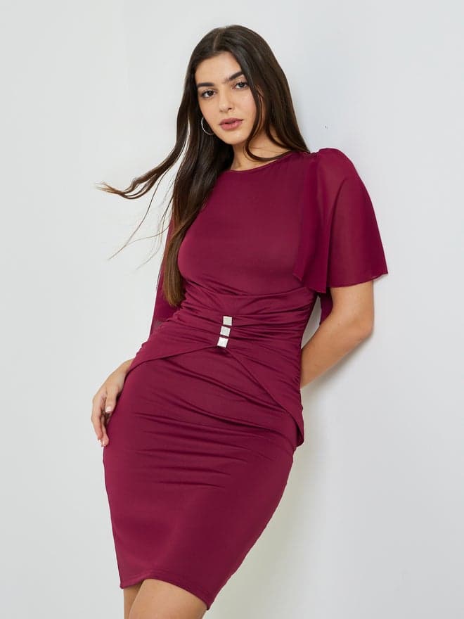 Styli Burgundy Cape Overlay Bodycon Mini Dress
