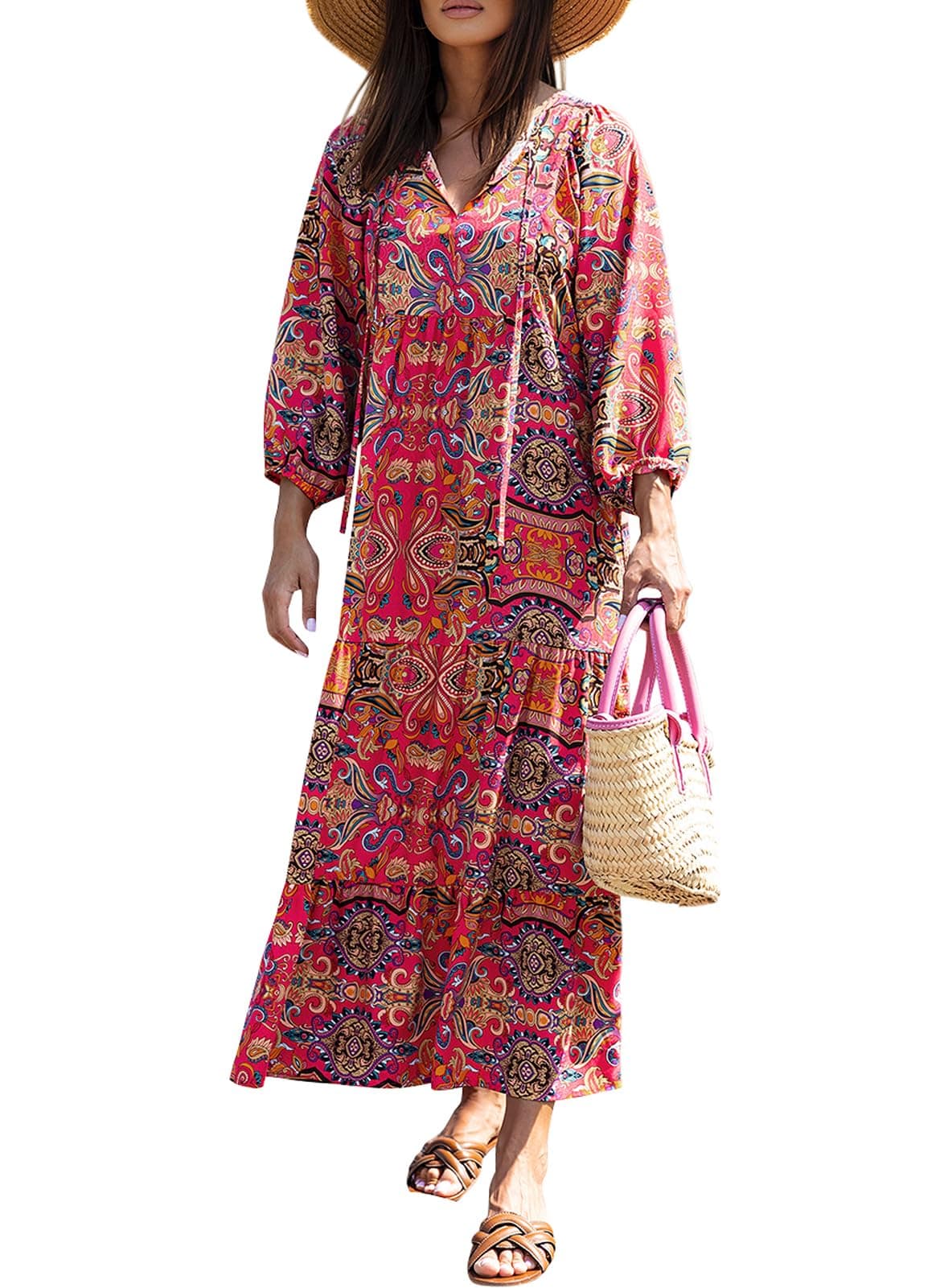 miduo Womens Maxi Dress Short Sleeve V Neck Summer Fashion Floral Beach Bohemian Boho Holiday Long Maxi Dresses M