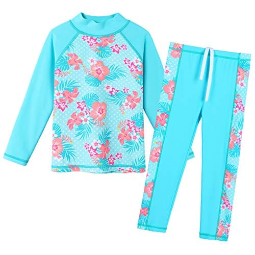 Girls Rash Guard Swimsuit Two Piece Floral Bathing Suit UPF 50+ UV Swimwear 3-12Y 301_CyanFlower_8A