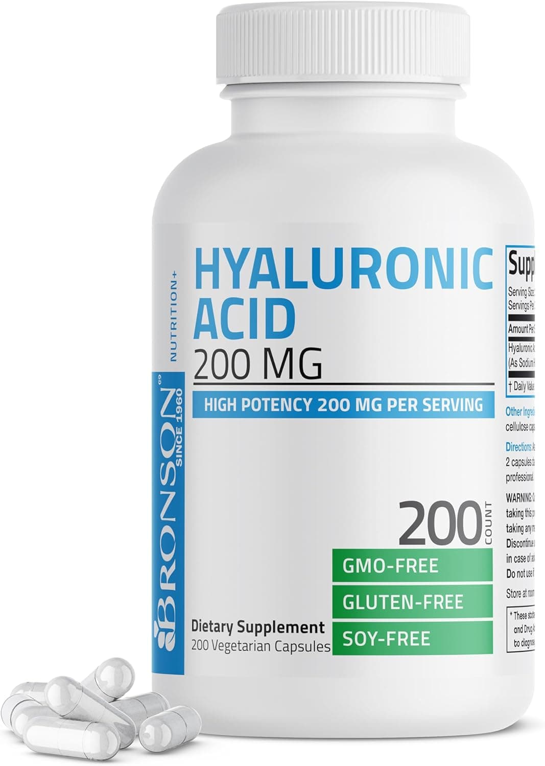 Bronson Hyaluronic Acid 200 MG High Potency Joint Health Healthy Skin Support NonGMO 200 Vegetarian Capsules
