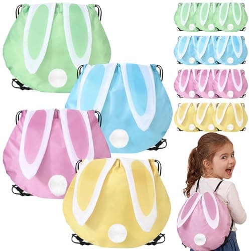 Yoojahow 24 Pcs Bunny Drawstring Bags Cute Rabbit Ear Reusable Backpack Candy Goodie Gift Bags for Bunny Birthday Party Favors Decoration Spring Activities