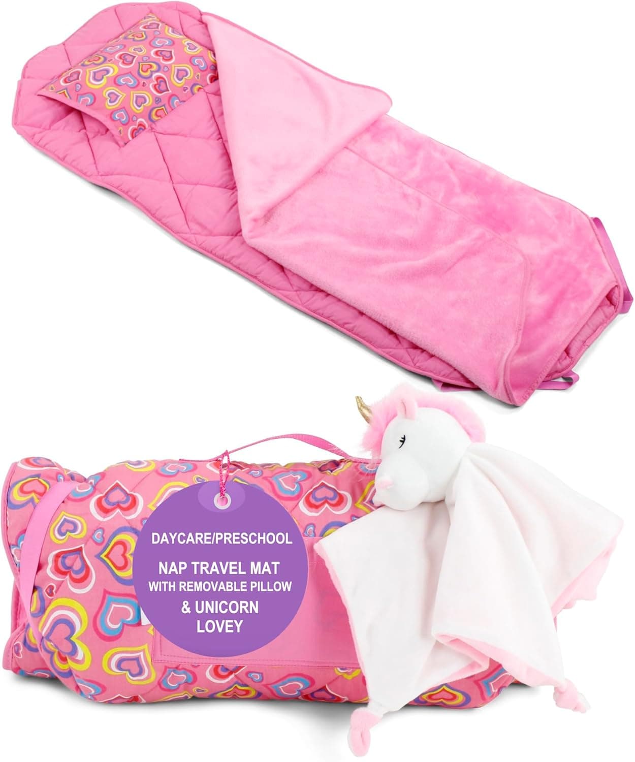 Emily Rose Toddler Nap Sleep Cot Mat for Kids Girls Ideal for Travel Preschool and Daycare with Removable Pillow and Attached Soft Fleece Blanket Includes Unicorn Lovey Stuffed Toy 100 Cotton