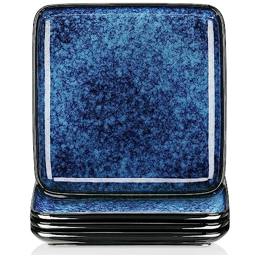 vancasso Stern Square Dinner Plates Set of 4, 10.5 Inch Dessert Plates, Reactive Change Glaze Blue Serving Pasta Salad Plate Dish, Scratch Resistant