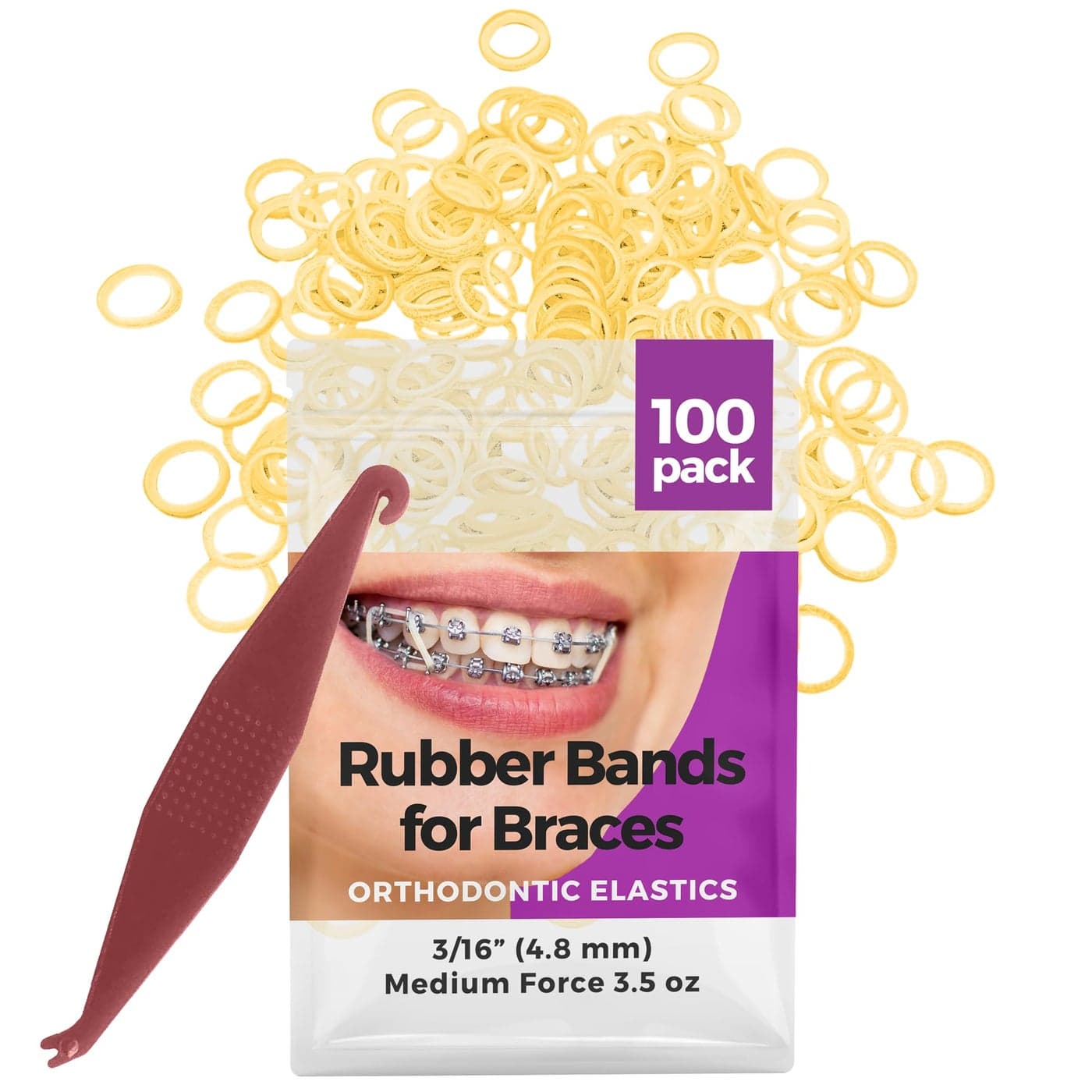 Orthodontic Rubber Bands for Braces Premium Quality Elastic Teeth Rubber Bands for Braces Fix Tooth Gaps Dreadlocks Includes Free Elastic PlacerMedium Force 35 oz 316 Inch Natural 100 Pack