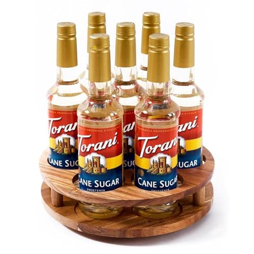 Acacia Wood Rotating Syrup Organizer, 7 Bottle Syrup Rack, Coffee Station Organizer with Large Base and Anti-Slip Pads