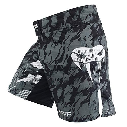 SOTF MMA Boxing Fight Shorts Mens Stretch Sports Training Shorts, Gray With Pocket, S for waist 32-33inch