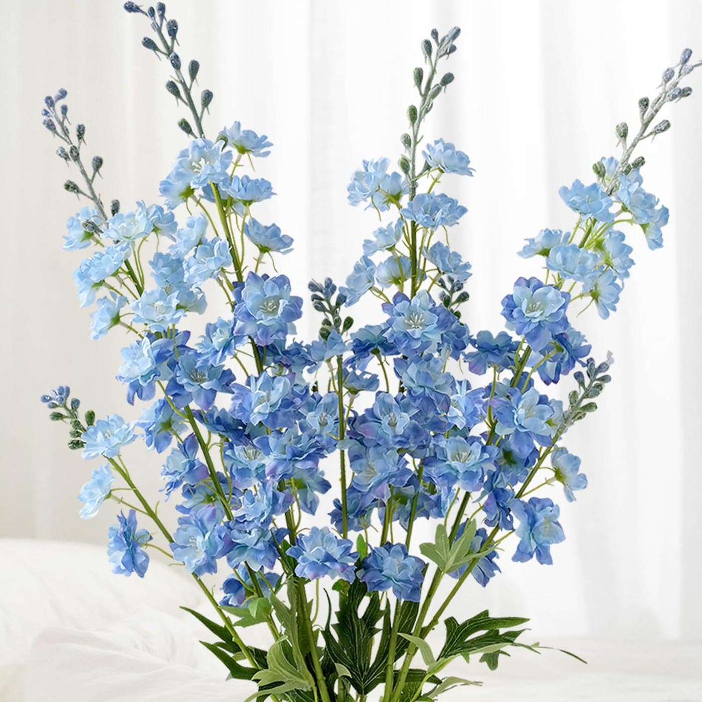 JINWOE 4Pcs Blue Delphinium Artificial Flowers 34 Lifelike Faux Larkspur Silk FlowersLong Stem Fake Delphinium Plant Flower for Tall Floor Vase Outdoor Bouquet Home Table Kitchen Decor