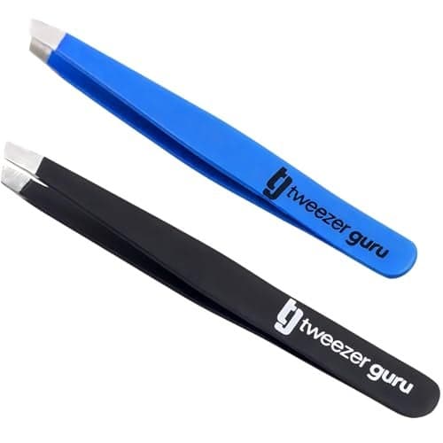 TWEEZER GURU 2 piece Slant Pointed Precision Tweezers for Eyebrows Ingrown Hairs Blackheads Sharp Needle Nose for Plucking Splinters