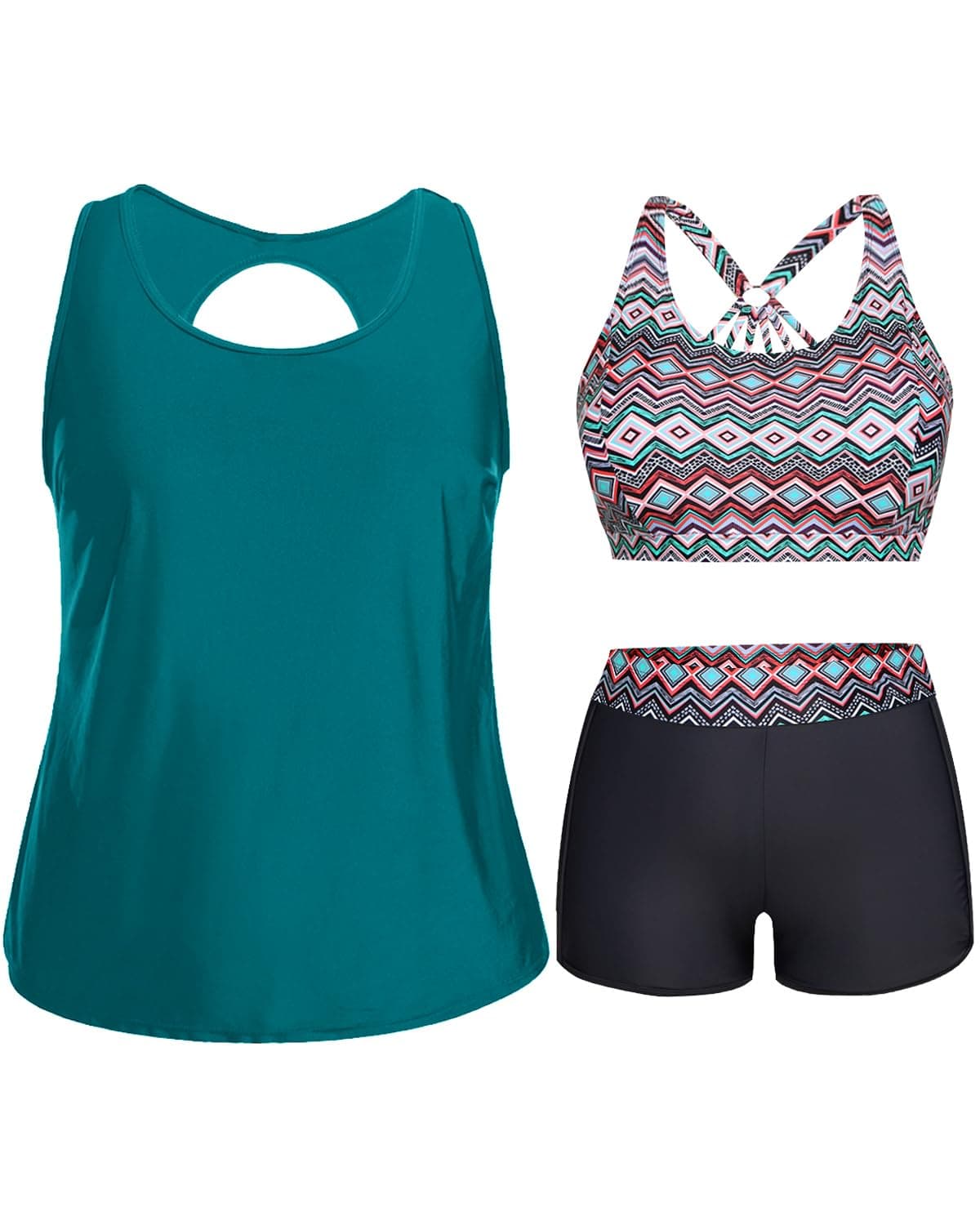Holipick Women Blue Green Plus Size 3 Piece Tankini Swimsuits Athletic Bathing Suits with Boy Shorts Tank Top with Sports Bra 18W
