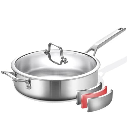 YEKSUM Stainless Steel Saute Pan, Tri-Ply Saute Pan 5QT, 12 Inch Deep Frying Pan with lids, Compatible with All Cooktops Up to 650℉, 3-layer Large Skillet with Stay Cool Handle, Induction Pan, Durable