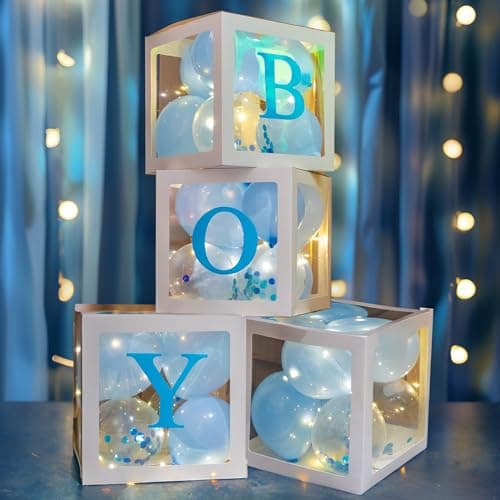Uptotop Baby Shower Decorations Clear Balloon Blocks with Fairy String Lights 4 Pack Transparent Balloon Boxes Including 30 Letters 4 Warm White Fairy Lights 36 Latex Balloons Blue