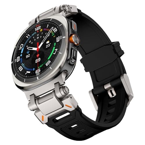 Wingle Compatible for Galaxy Watch Ultra Bands 47mm 2025/2024 Men Sport Silicone Rubber Band, Armor Military Rugged Samsung Galaxy Watch Ultra Band with Stainless Steel Metal Connector, Titanium/Black
