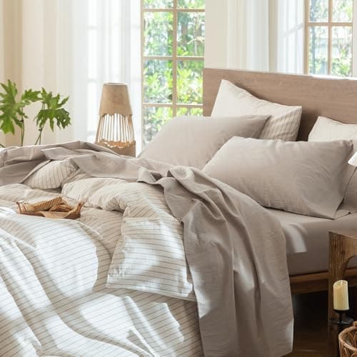 MooMee Bedding Sheet Set 100 Washed Cotton Linen Like Textured Breathable Durable Soft Comfy Heathered Cream Grey Queen