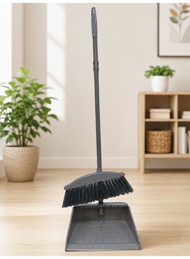 Premium Long Handle Broom and Dustpan Set – Upright Standing Household Cleaning Brush with Built-In Comb Teeth