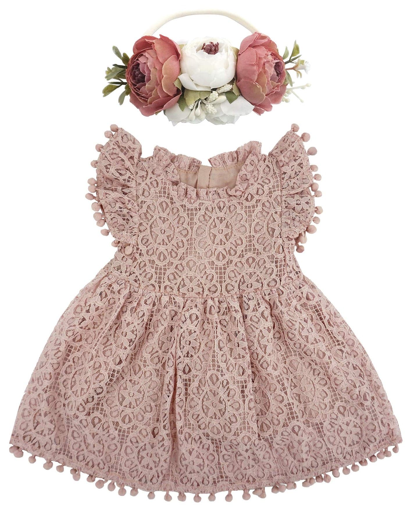BGFKS Baby Girl Tutu Dress Elegant Lace Pom Pom Flutter Sleeve with Flower Headband SetDusty Rose3T
