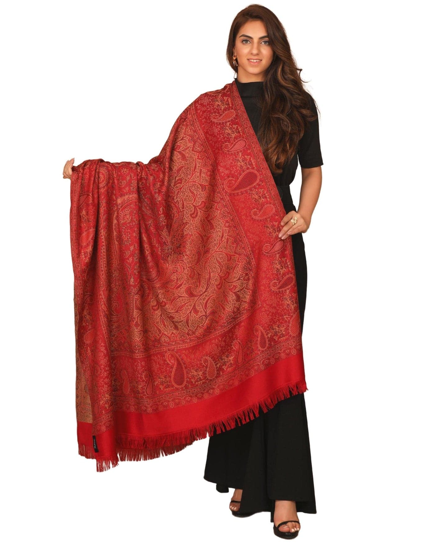 Pashtush Women's Kashmiri Jamawar Shawl, Faux Pashmina, Red