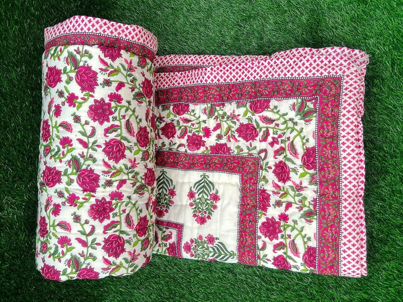 FABDESIGN QUILTS Jaipuri Razai Double Bed Rajsthani Traditional Hand Stitched Lightweight Pure Cotton Winter and Summer Jaipuri Ac Quilt RazaiRajaiBlanketComforter 88X105 PinkGreen