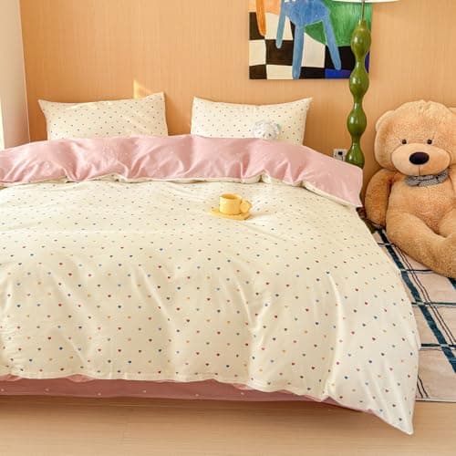 LIWHENHAO Polka Dot Duvet Cover Set Queen 100 Cotton Bedding Red Blue Pink Heart on White 1 Kawaii Cartoon Love Comforter Cover Full 2 Pillowcases for Kids Girls Boys Woman