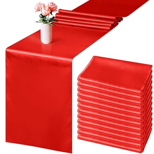 Aneco 12 Pack Satin Table Runner 12 x 108 Inch Red Long Wedding Satin Silk Table Runner for Wedding Banquet Graduations Birthday Party Decoration