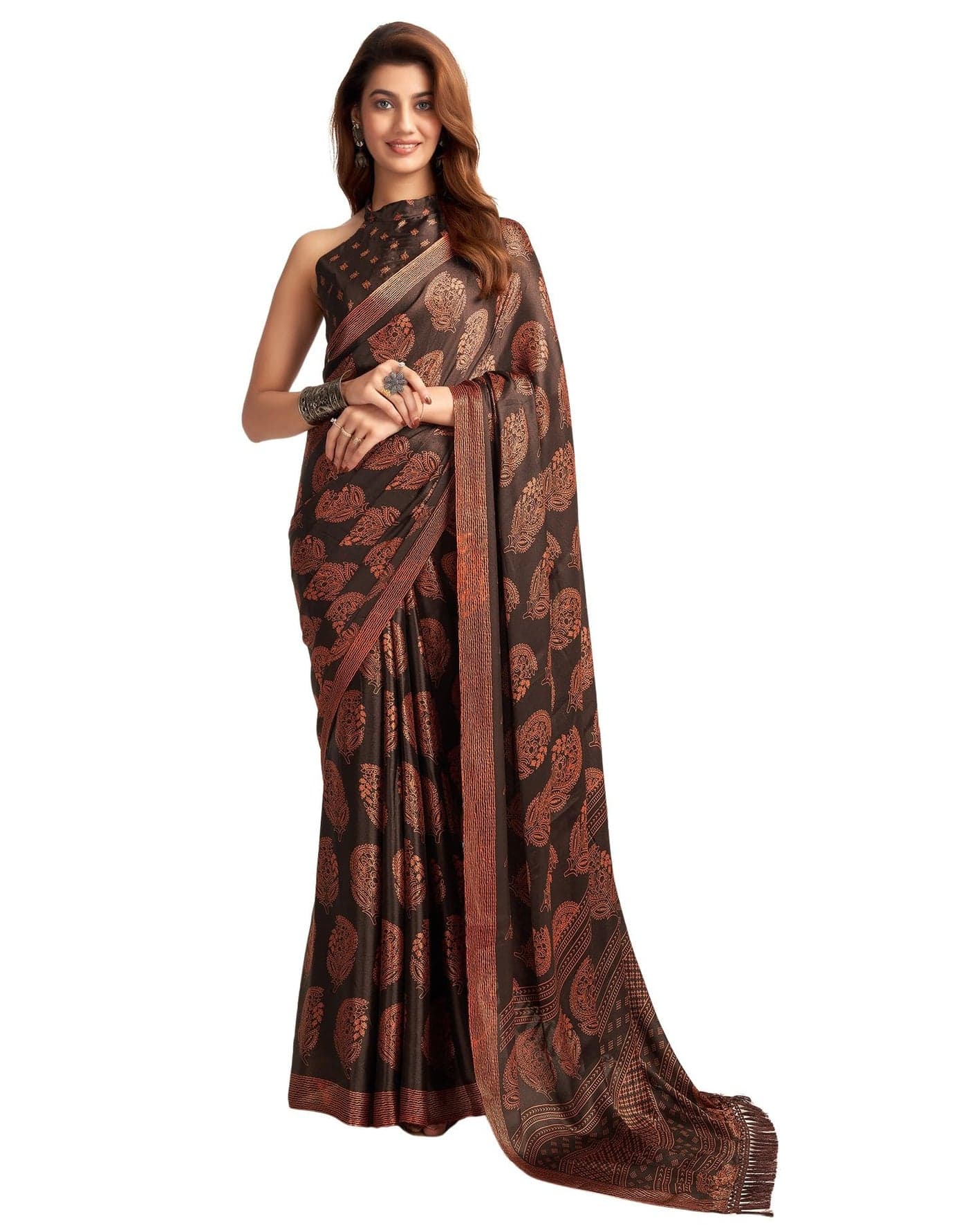 SIRIL Women's Satin Georgette Printed Saree With Unstitched Blouse Piece (3870S127_Brown)
