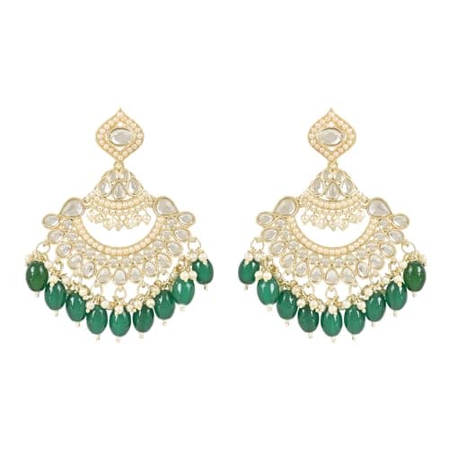 I Jewels Gold Plated Traditional Handcrafted Pearl Kundan Beaded Earrings for Women (E3025) (Green)