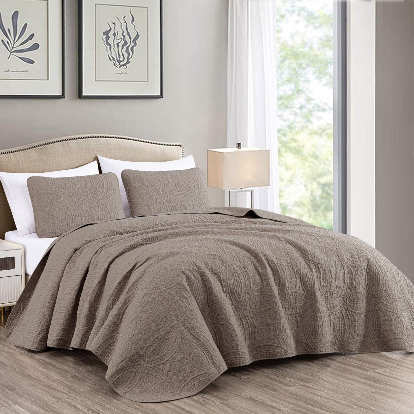 Chezmoi Collection Austin 3Piece Oversized Bedspread Coverlet Set Queen Taupe