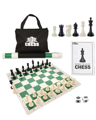 WE Games Best Value Tournament Chess Set - Includes 34 Chessmen, Roll Up Green Vinyl Chess Board, Storage Bag for Pieces, Instructions and Equalizer Dice, Travel Board Games for Adults
