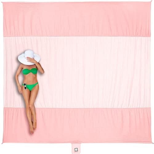 WEKAPO Beach Blanket - Sandproof Waterproof Extra Large Beach Mat | Oversized Sand-Free Lightweight Quick-Drying | Beach Vacation Essentials with Stakes & Corner Pockets (Pink, 9x7 FT)