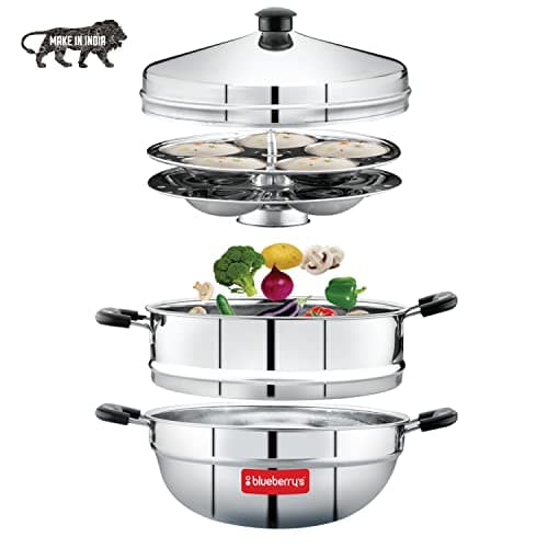 Blueberry's ᴹᴵᔆᵀʸ 4-Plate 16-Idly Stainless Steel Idly Idli Cooker with Stand Lifter and Whistle, Made in India, 1-Year Warranty -Silver (Cooker)