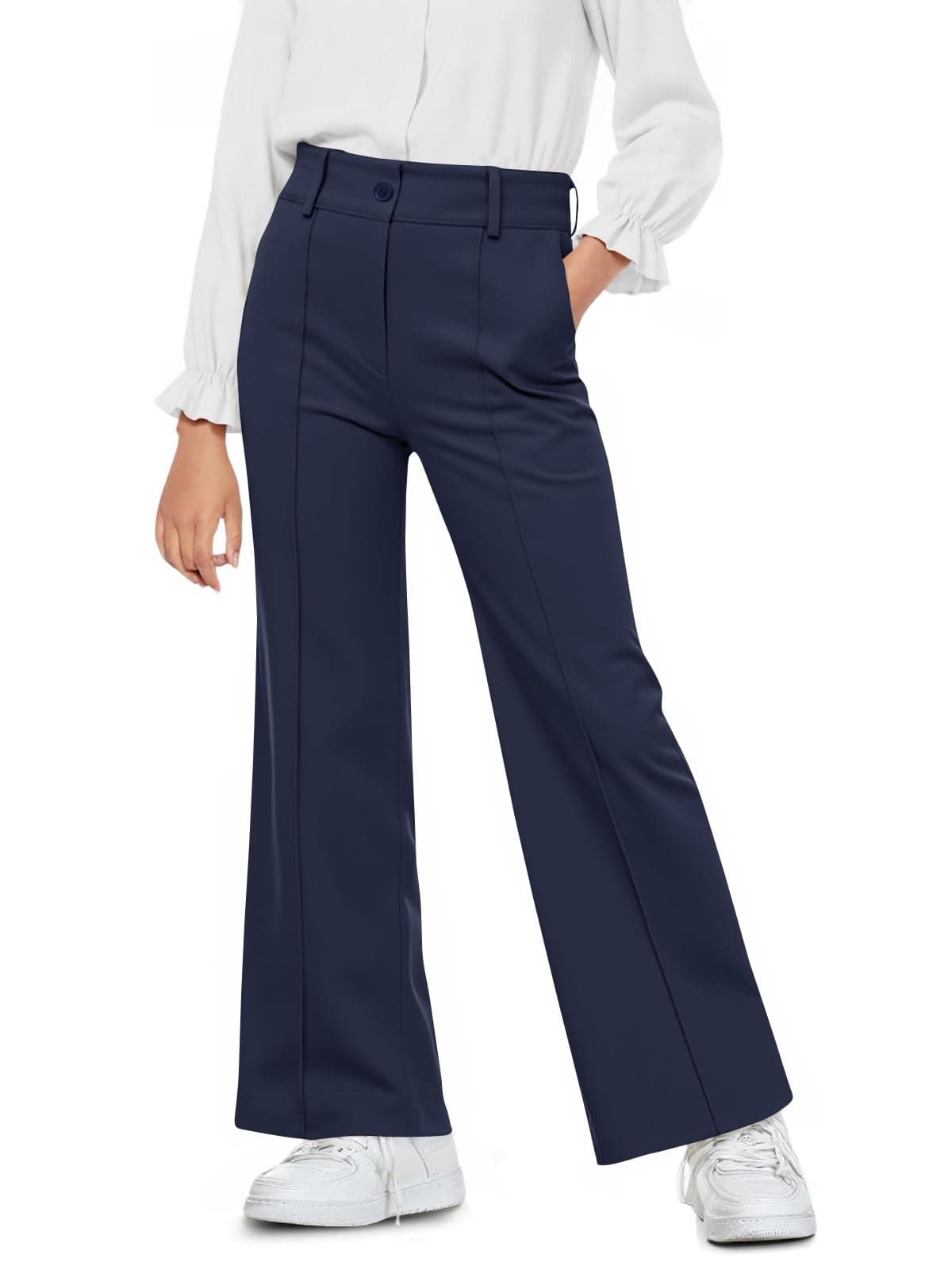 Haloumoning Girls Wide Leg Uniform Pants Kids Elastic High Waist Dress Pants Slacks with Pockets 514 Years Navy Blue