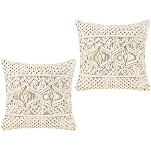 Kaahira Cotton Boho Macrame Decorative Cushion Cover 16x16 | Comfy Throw Pillow Cases for Sofa Couch Bed Living Room (Off-White) - 1 Pcs, 250 TC