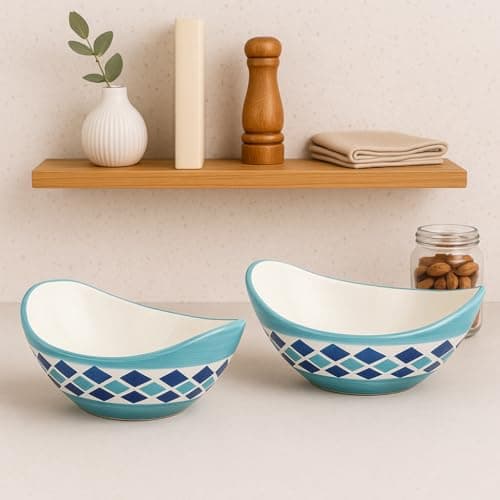 KITTENS Ceramic Boat-Shaped Serving Bowls – Set of 2 (Blue, Hand-Painted) – Handcrafted in India – Microwave & Dishwasher Safe – Food Grade – Perfect Christmas & New Year Gift for Festive Use