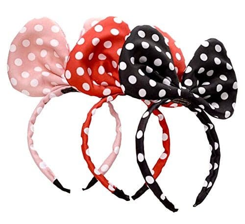3 PCS Satin White Jumbo Polka Dot Mouse Ears Headband Bow Headwear Tiara Hair Band for Women Girls Birthday Party (Red+Black+Pink)