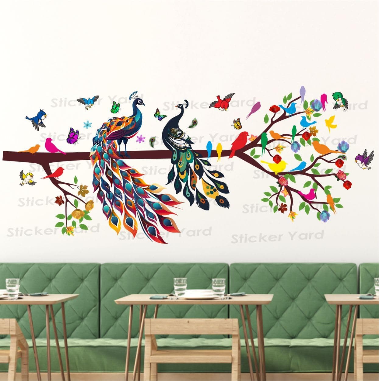 StickerYard PVC Vinyl Tree Peacock Branch Leaves Birds Self-Adhesive Wall Sticker for Home Decor/Decoration - Living Room, Bedroom, Kids Room (Multicolor, Size: 53X121 Cm)