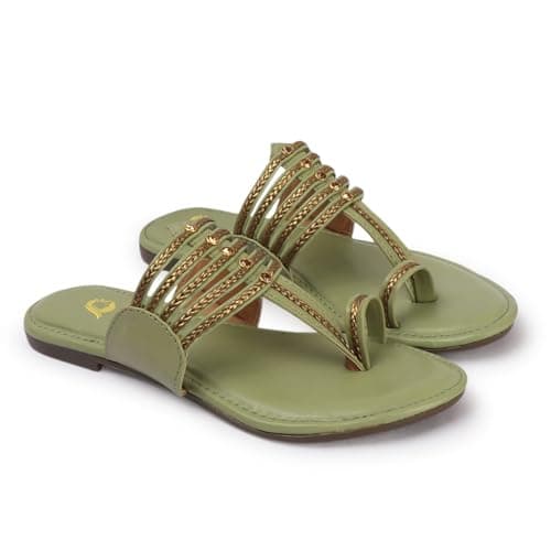 Ladies Hub Kolhapuri Chappal for Women Stylish Footwear, Fashion Sandals & Ethnic Slippers for Girls, Geen - 6 UK