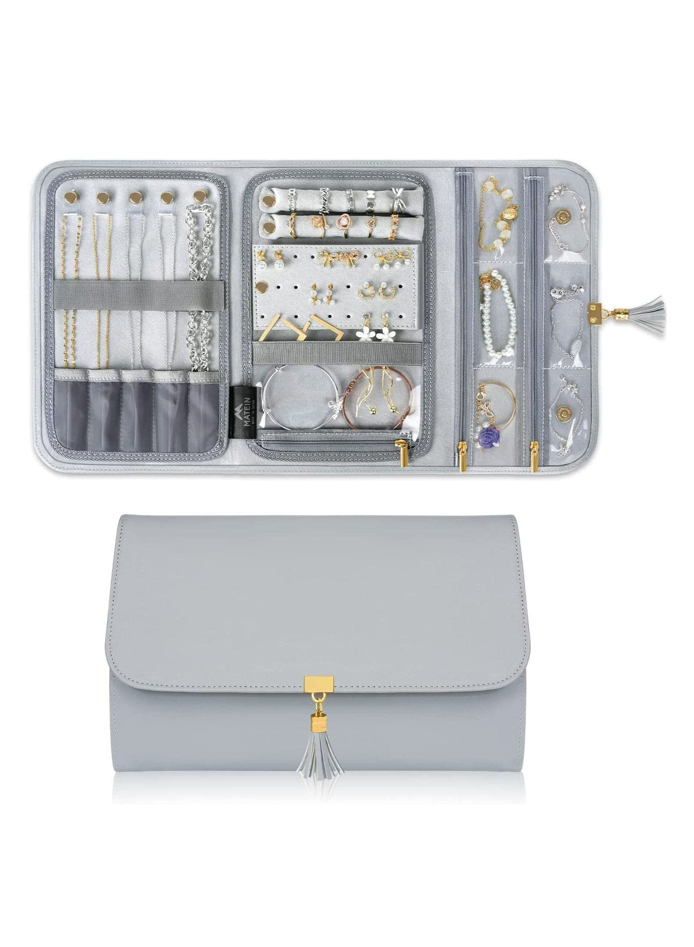 Portable jewelry storage bag for travel, with large multi compartment space
