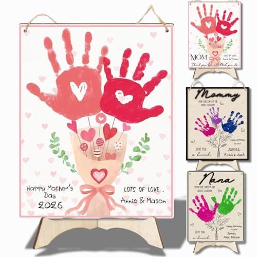 Pink Floral Bouquet DIY Baby's First Mothers Day Handprint Making Sign, Mother's Day Handprint Hanging, Mothers Day Birthday Gift from Kids Toddler Baby Gift for Mom Grandma, Children Toddler Keepsake