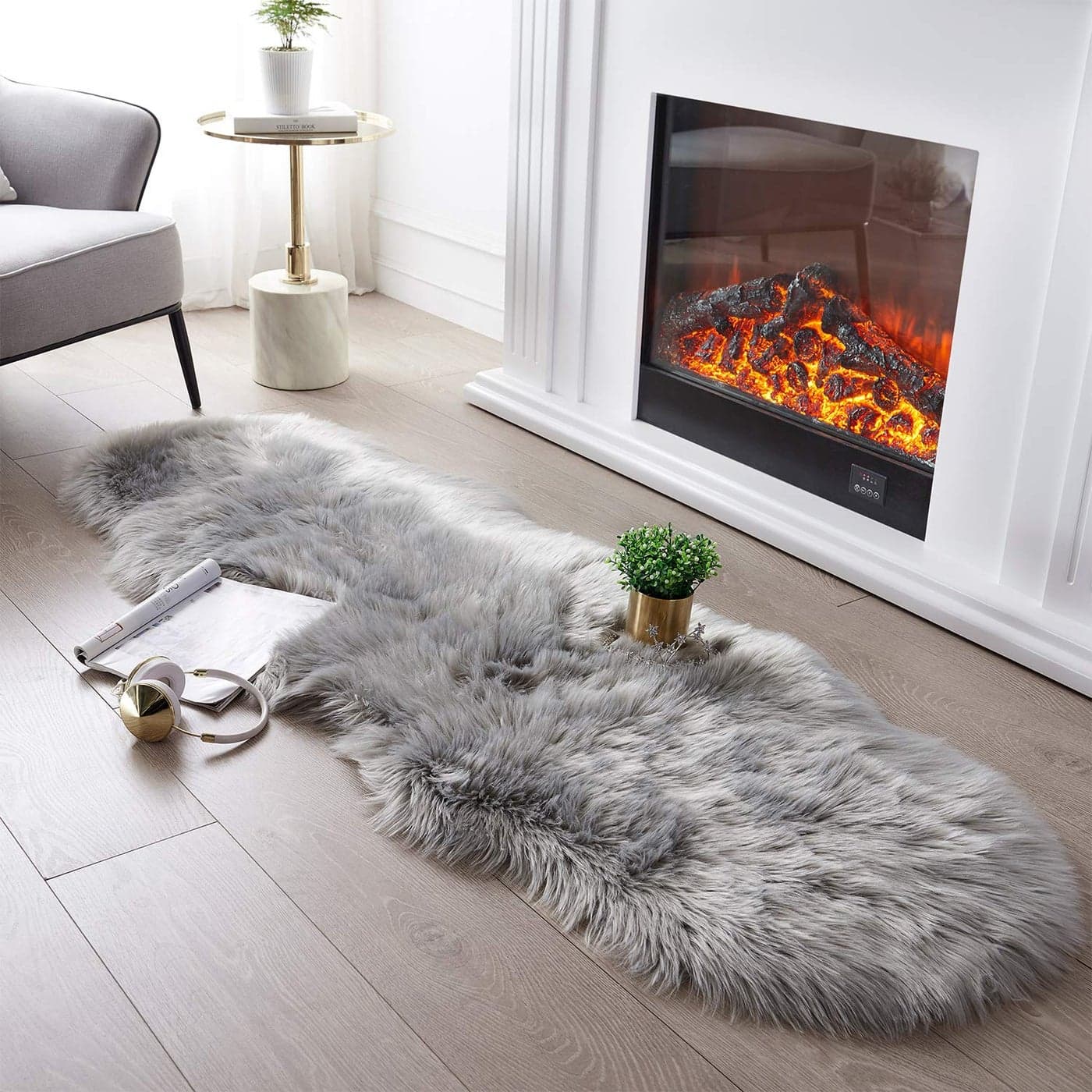 SERISSA Soft Fluffy Rug Grey Faux Sheepskin Fur Rug Shaggy Couch Cover for Bedroom Living Room Runner 2x6 Feet