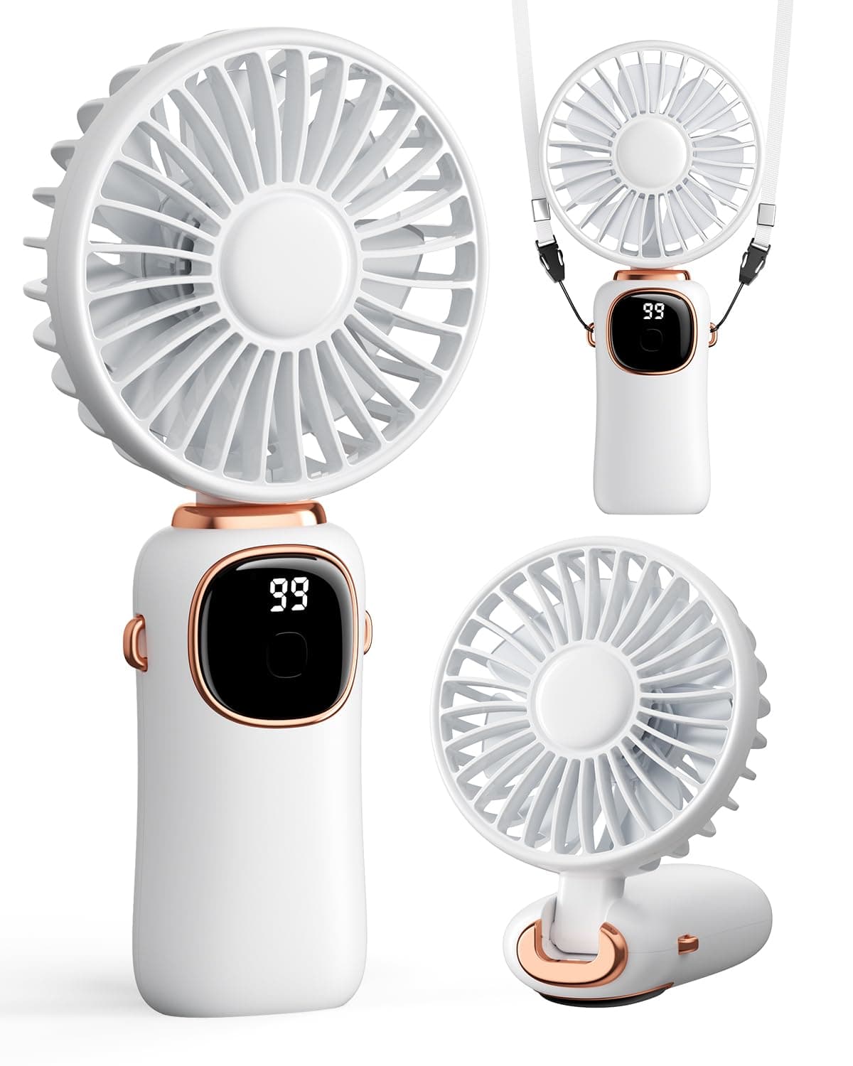 coldSky Desk Fan, Portable Handheld Fan, 4000mAh Battery Operated With LED Display, 3 in 1 Personal Small Handheld/Neck/Desk Fan, 90° Foldable With Base, 5 Speed (White)
