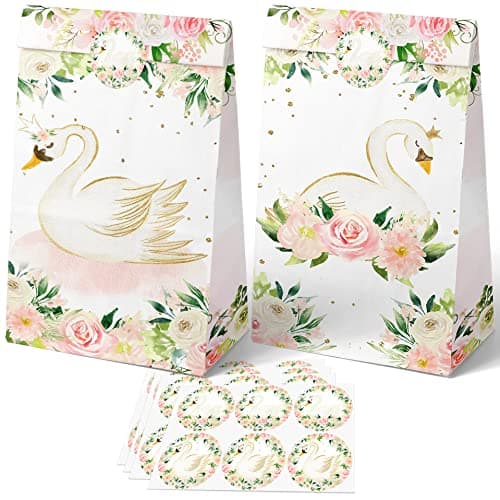 HaPiBiDesign 24 PCS Swan Party Favor Bags With Stickers Candy and Goodie Gift Treat Bags for Swan Themed Birthday Party Supplies