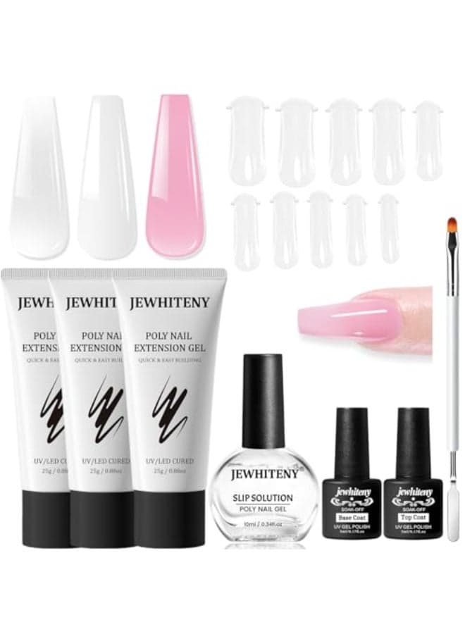 JEWHITENY Poly Extension Gel Nail Set Clear White Pink Poly Nail Gel With Base Coat Top Coat for Finger Art and Home DIY French Manicure Need U V Lamp Curing