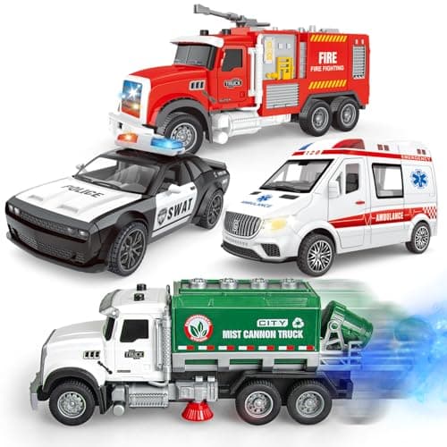 Yalujumb 4 Packs Emergency Vehicle Toy Playsets Including Garbage Truck Play Police CarAmbulance and Fire Truck with SprayLights SoundsBirthday Christmas Party Gifts Toys for Boys 35