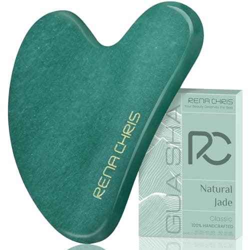 Rena Chris Gua Sha Facial Tools Natural Jade Stone Guasha Tool for Face Acupuncture Therapy Facial Massager for Jawline Sculpting and Puffiness Reducing Green