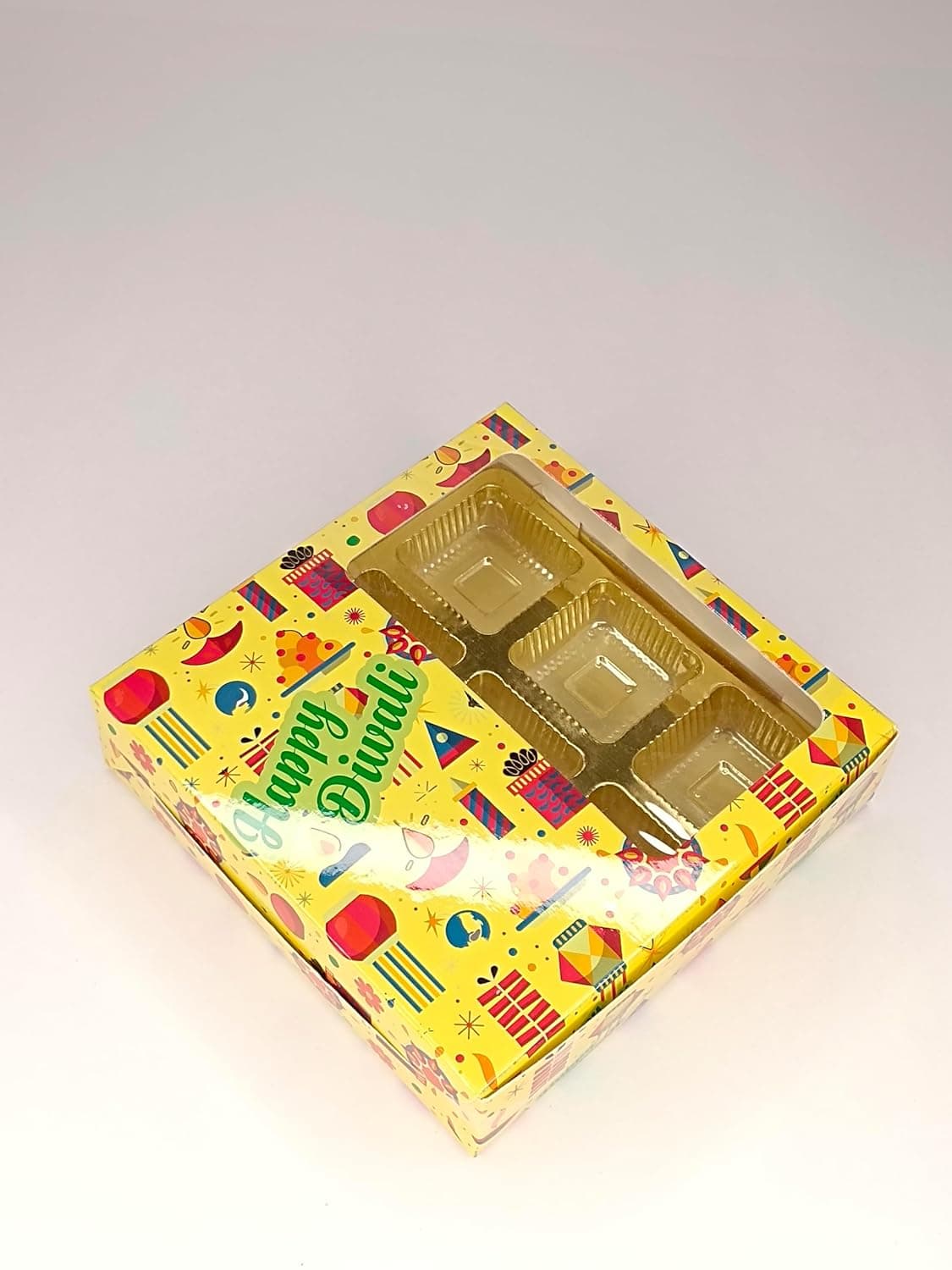 CAKE DECOR 9 Cavity Diwali Theme Chocolate Box with Clear Window Cavity 10 Piece Pack Yellow