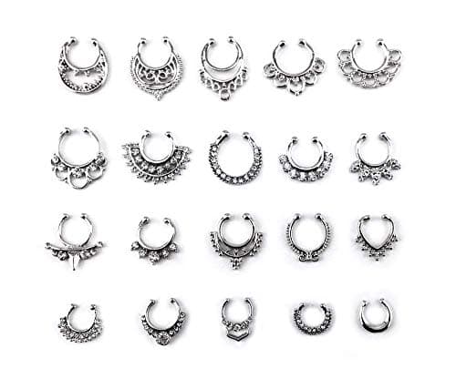 Honbay 20pcs Fake Septum Clicker Nose Ring Rhinestone Non Piercing Hanger Clip Body Jewelry Silver